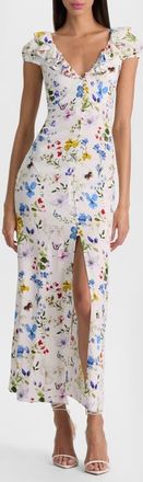Alice & Olivia Tara Floral Ruffle Detail Dress in Twisting Vines Off White at Nordstrom, Size 14