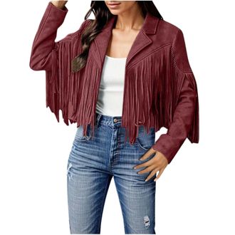 Generic Jackets for Women UK Fringe Coat Cropped Jacket Winter Fall Faux Suede Leather Cowboy Style Coat Long Sleeve Tassels Cardigan Coats Outerwear Casual S