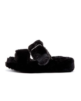 Skechers Womens COZY WEDGE Double buckle Faux Fur design Sandals - Black - 5