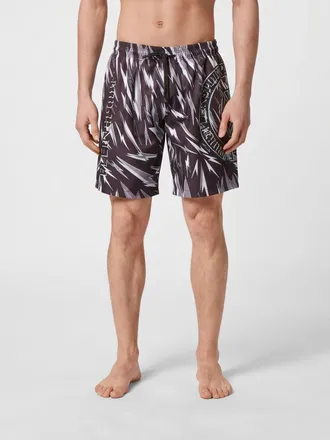 Plein Sport Polyester Swim Shorts with Graphic Print and Contrasting Logo