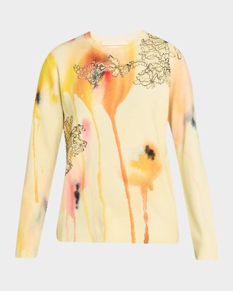 Jason Wu Lace-Trim Watercolor Floral Print Crewneck Sweater