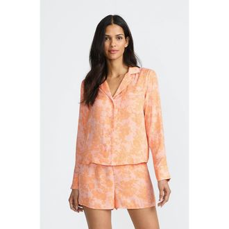 Lands End Plus Size Matte Satin 2 Piece Pajama Set - Long Sleeve Top and Shorts in Orange Mist Romantic Floral at Nordstrom, Size X-Large