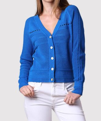 Minnie Rose Pointelle Mix V-Neck Cardigan In Bayou Blue