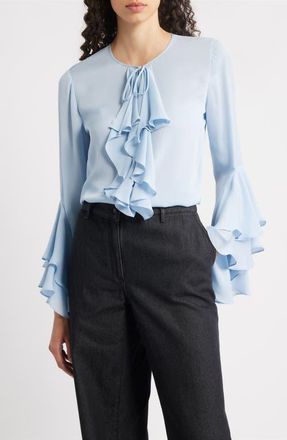 Kobi Halperin Turner Cascading Ruffle Silk Shirt in Cloud at Nordstrom, Size Xx-Large