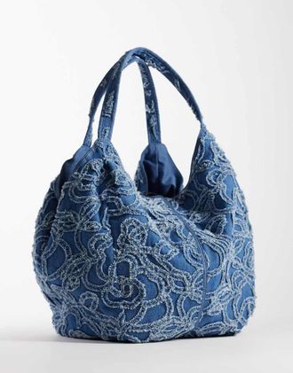 Becks&ouml;ndergaard Raika - Borsa shopping extra larga in cotone blu denim con fiori ricamati