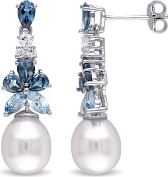 Amour London, Sky Blue and White Topaz and 8.5 - 9 Mm White Cultured Freshwater Pearl Drop Earrings In Sterling Silver