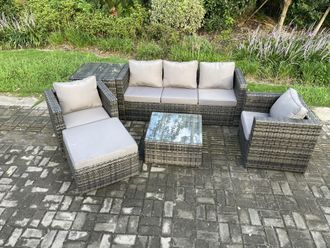 Fimous 6 Seater Outdoor Lounge Sofa Set Wicker PE Rattan Garden Furniture Set with Armchair Squar Coffee Table Footstool in Dark Grey