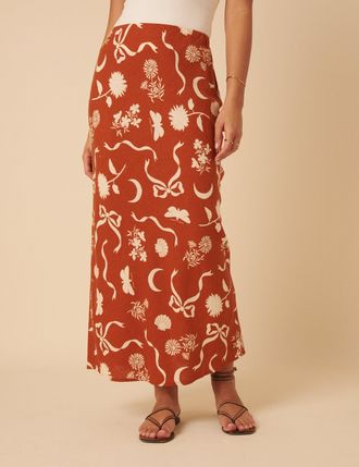 Nobody's Child Brown Printed Linen-blend Midi Skirt