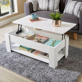 Home Source Industries Home Source - White Wooden Coffee Table With Lift Up Top Storage Area and Magazine Shelf