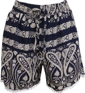 Generic Womens Black Or Navy Paisley Elephant Print Pom-Pom Trim Cotton Summer Shorts (as8, Alpha, l, x_l, Regular, Regular, Navy Paisley Print)