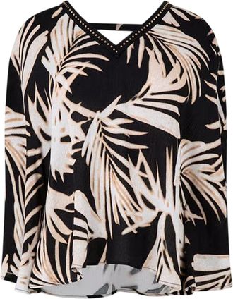 Biba Damesblouse met bladmotief, V-hals en losse pasvorm (Veelkleurig)