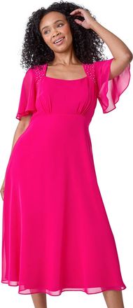 Roman Womens Shimmer Pleated Chiffon Midi Dress - Pink - Size 16 UK
