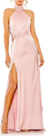 Mac Duggal Open Back High Neck Side Ruched Gown in Shell Pink at Nordstrom, Size 10