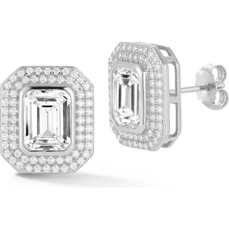 Glaze Jewelry Emerald Cut Moissanite Halo Stud Earrings in Silver at Nordstrom Rack