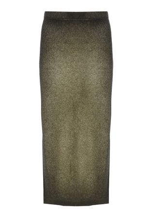 Avant Toi Green Melange Midi Skirt With Back Slit And Elastic Waistband