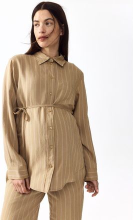 H&M Mama linen-blend shirt in Beige/striped at Nordstrom, Size Xx-Large