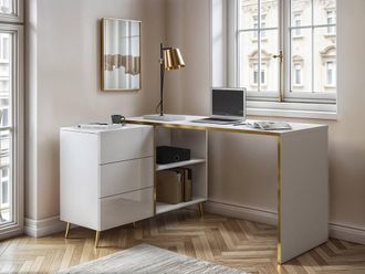 Vente-Unique Corner Desk With Drawers & Recesses - Gloss White & Gold