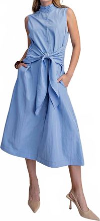 Glam Waist Tie Ruffle Neck Midi Shirt Dress In Blue