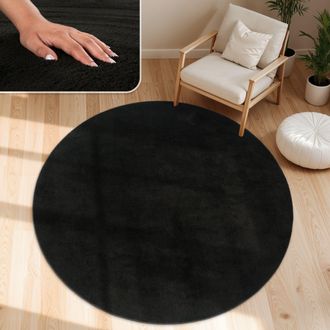 Paco Home Paco Home - Alfombra Moderna Para Sal&oacute;n A Pelo Corto Lavable Suave Uni Efecto Piel Antideslizante Negro, &Oslash; 200 Cm Redon