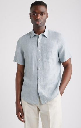 Nordstrom Solid Short Sleeve Linen Button-Up Shirt in Blue Vista - White Eoe at Nordstrom, Size Xxx-Large