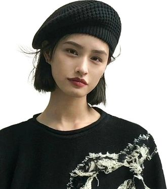 Generic 2025 Womens Slouchy Crochet Berets Vintage Knitted Beanie Cap Funky Painter Artist Hats Fall Winter Warm French Beret(Beige) (Black One Size)