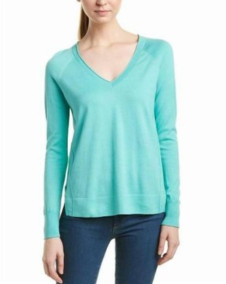 J Brand V-Neck Pullover Cotton Knit Side Slits Fit Sweater In Blue