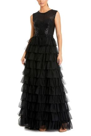Mac Duggal Ruffle Tiered Sequin High Neck Gown in Black at Nordstrom, Size 0