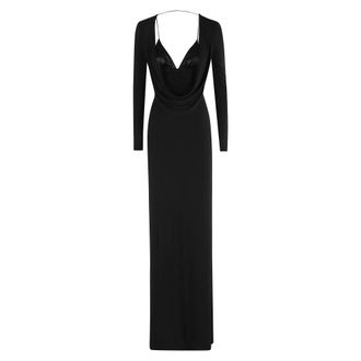 Elisabetta Franchi Gowns, female, Black, M, Black Long Dress Deep Neckline
