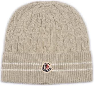 Moncler Stripe-Trimmed Wool Beanie - unisex - Hoeden - Beige - L - Wol - Accessoires
