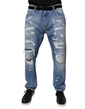 Dolce & Gabbana Mens Blue Tattered Straight Cotton Denim Jeans Clothing