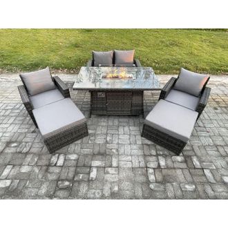 Fimous 6 Seater Rattan Garden Furniture Set Outdoor Lounge Sofa Chair Gas Fire Pit Dining Table Set With 2 Big Footstool Double Seat Sofa Side Table - Fimous