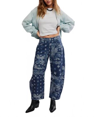Free People Good Luck Printed Barrel Jean In Navy Bandana