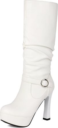 Generic Womens Slouchy Knee-High Boots Faux Leather Platform Stiletto Heel Buckle Detail Comfortable Fit Non-Slip Wear-Resistant Sole for Evening Date Party,W