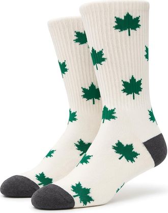 Generic Leaf Pattern Crew Socks, White with Green Leaves Design, Grey Heel and Toe, Size 6-11