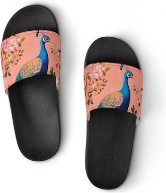 Generic Peacock Painting Shower Shoes Slipper for Women Men Beach Slippers Quick Drying Non Slip Open-Toe Sandals