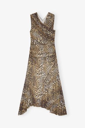 Ganni Leopard Marl Mesh Long Ruched Crossover Dress - Size 10/12 Mixed