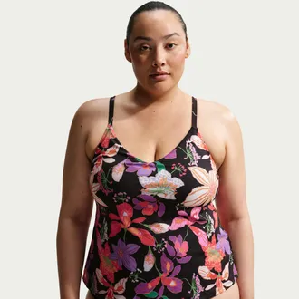 Nike Womens Swim V-Neck Tank Topini (Plus Size) in Black | NESSG336-001