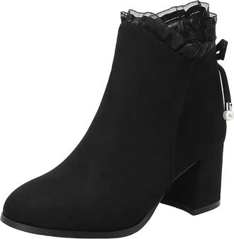 Generic Womens Elegant Ankle Boots Round Toe High Thick Heel With Side Zipper And Butterfly-Knot Accent Dressy Booties