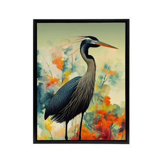 Artery8 Heron Bird In Flower Field Framed Canvas Wall Art Print | Size: W24 x H32