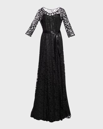 Teri Jon 3/4-Sleeve Lace Overlay Gown