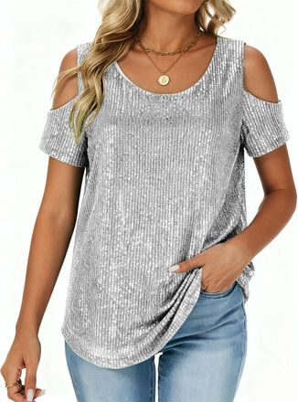 Generic Sparkly Tops for Women Uk Cold Shoulder Sequin Tops V Neck Glitter Blouses Longline Tunic Tshirts Ladies Elegant Party Wear Club Concert Fall Clothes