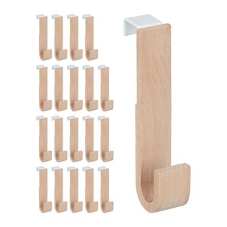 Relaxdays Ganchos Puerta Set 20 Madera Y Hierro, Chaquetas, Toallas, Colgadores Pasillo, 13x2,5x6 Cm, Blanco Y Natural