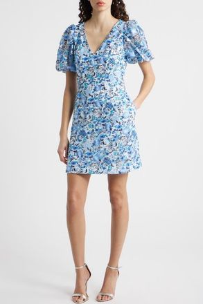 Eliza J Embroidered Puff Sleeve Cocktail Dress in Blue at Nordstrom, Size 12