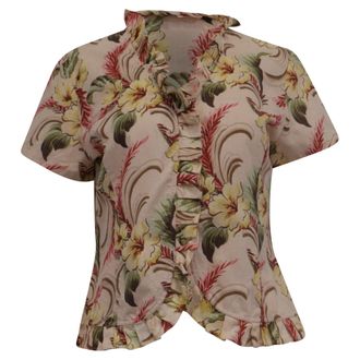 Oscar De La Renta Oscar De La Renta Floral-Print Ruffled Blouse in Multicolor Linen