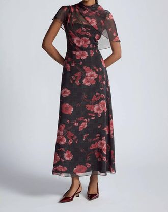 Lela Rose Floral Printed Glenn Plaid Chiffon Draped Bodice A-Line Dress In Poppy/multi