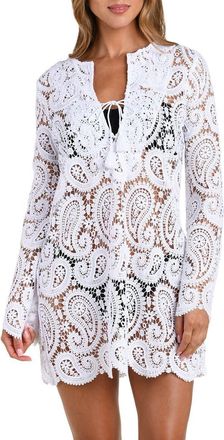 L'agence Ansley Paisley Long Sleeve Cover-Up Dress in White at Nordstrom, Size X-Small