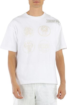 Roberto Cavalli Mens Optical White Embroidered Lucky Symbols T-shirt, Size Medium