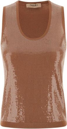Twinset Mouwloze Gebreide Top - Dames - Tops zonder mouwen - Bruin - M - Katoen - Tops