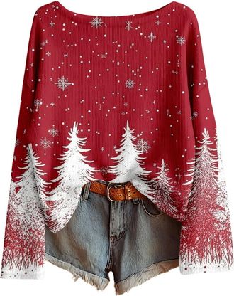 Generic Womens Christmas Jumpers, Christmas Jumpers for Women: Ladies Sweaters UK Tshirts Tree Print Xmas Jumper Funny Sweater Long Sleeve Pullover Winter Out