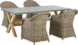 Beliani Conjunto De Comedor 4 Plazas De Rat&aacute;n Natural Gris Madera Clara Blanco Crema Hormig&oacute;n Cojines De Algod&oacute;n Jard&iacute;n Susua/olbia